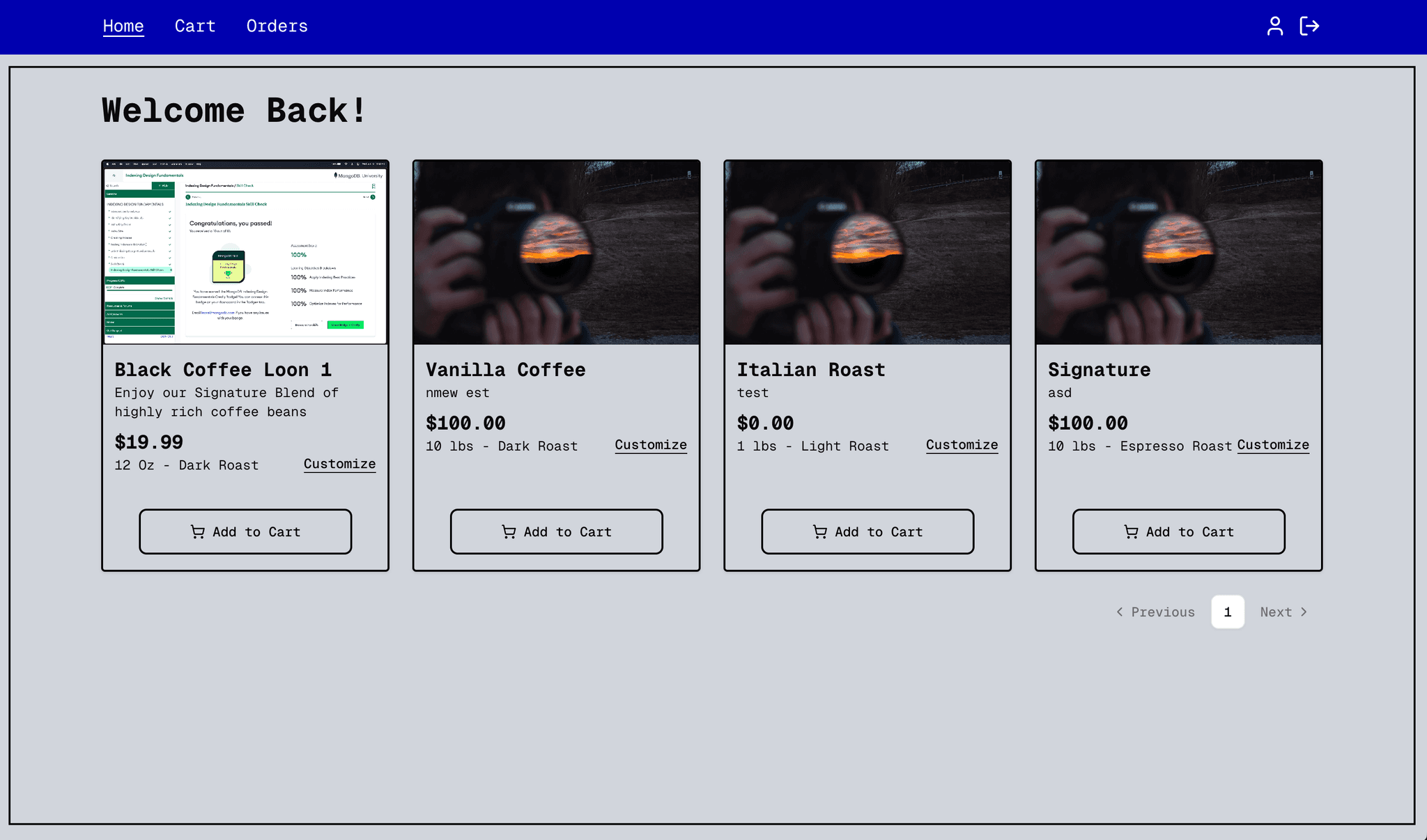 Screenshots of the Coffee House e-commerce platform
